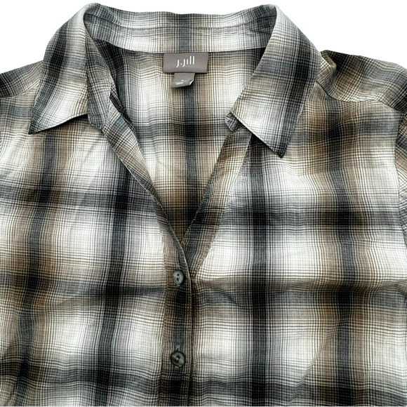 J. Jill Women's Small Tan Brown Plaid Button Up Shirt Blouse V neck Long Sleeves - Picture 1 of 10